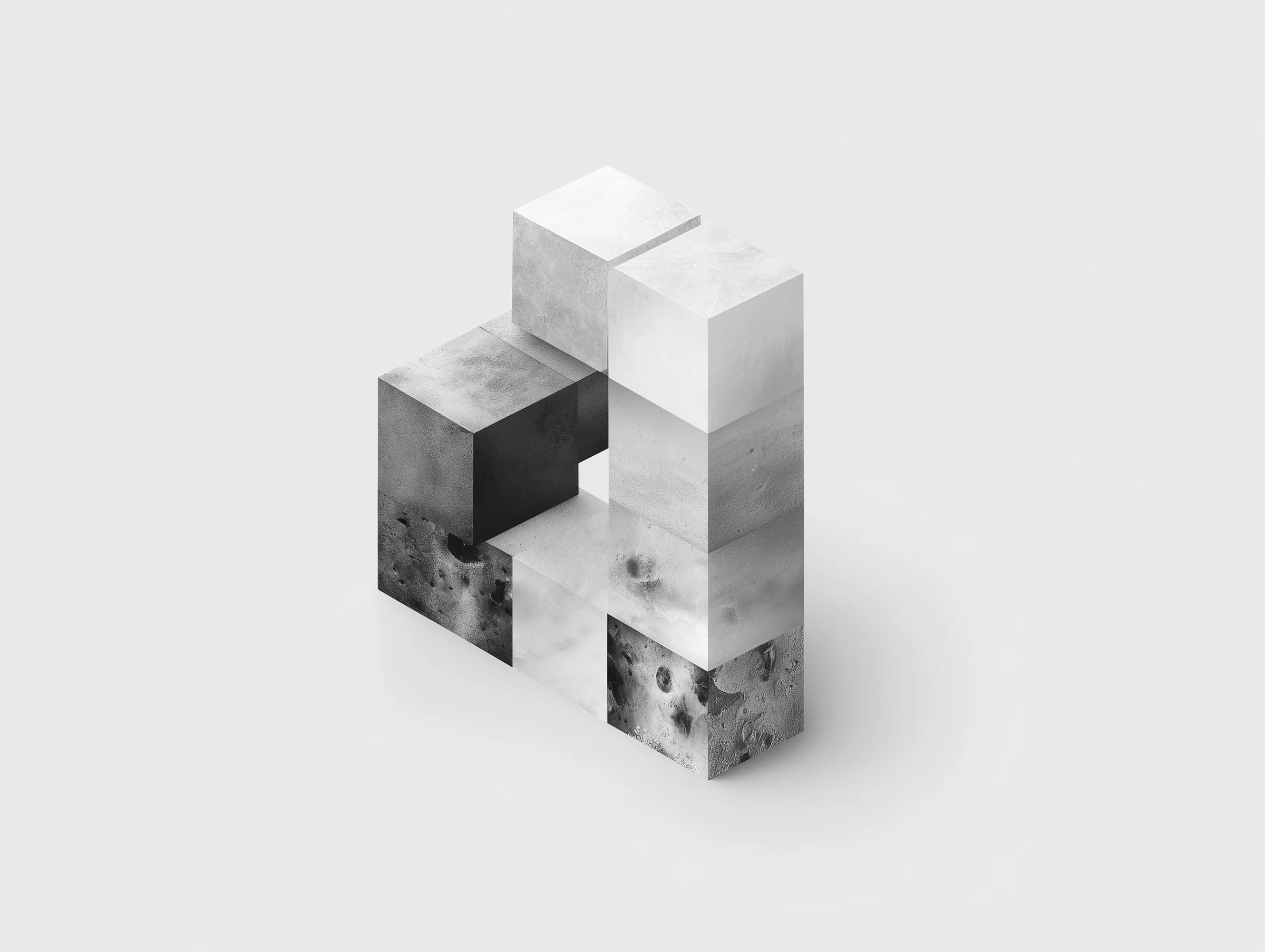 Minimalistisches, abstraktes Arrangement von Quaderformen in Graustufen (KI-generiertes Bild)